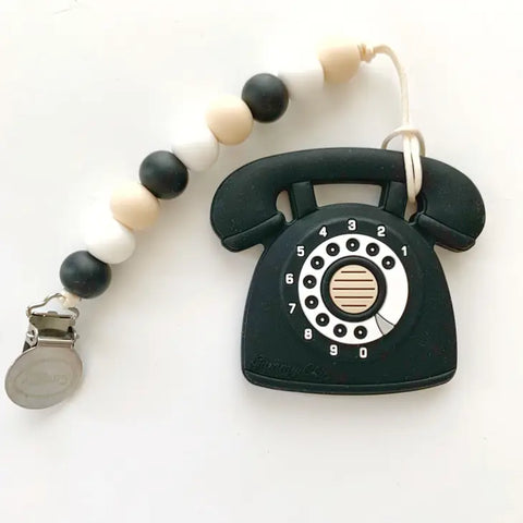 Rotary Dial Phone Teether with Clip - Black
